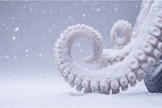 Oktopustentakel mit Saugnäpfen umschlingen ein Nissan Original Winterkomplettrad im Schnee – verdeutlicht den starken Grip der Winterreifen auf glatten, winterlichen Fahrbahnen.